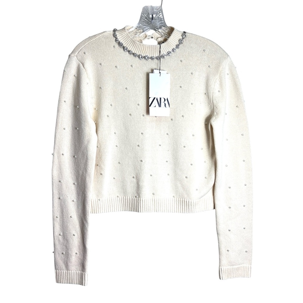 ZARA Pearl & Rhinestone Embellished Long Sleeve Sweater Top Cream S NWT